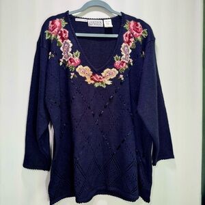 Vintage Jantzen Hand Embroidered Grannycore Floral Sweater Cottagecore‎ Size 2X